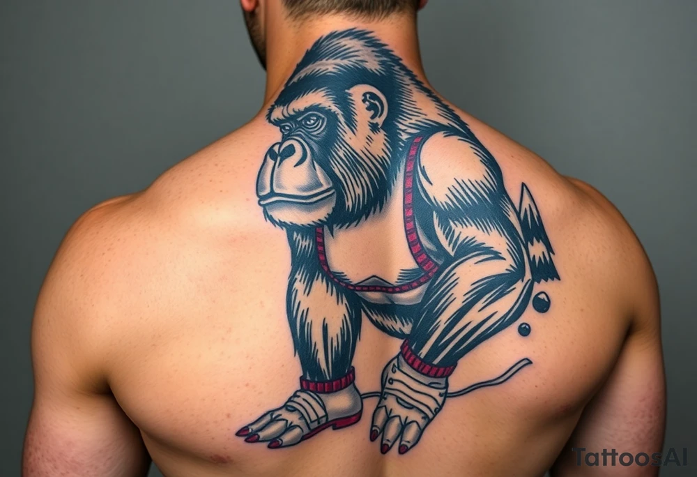 Silverback gorilla wearing amateur wrestling shoes and an singlet for a match as a person would. The surrounding area is mountainous jungle tattoo idea