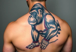 Silverback gorilla wearing amateur wrestling shoes and an singlet for a match as a person would. The surrounding area is mountainous jungle tattoo idea