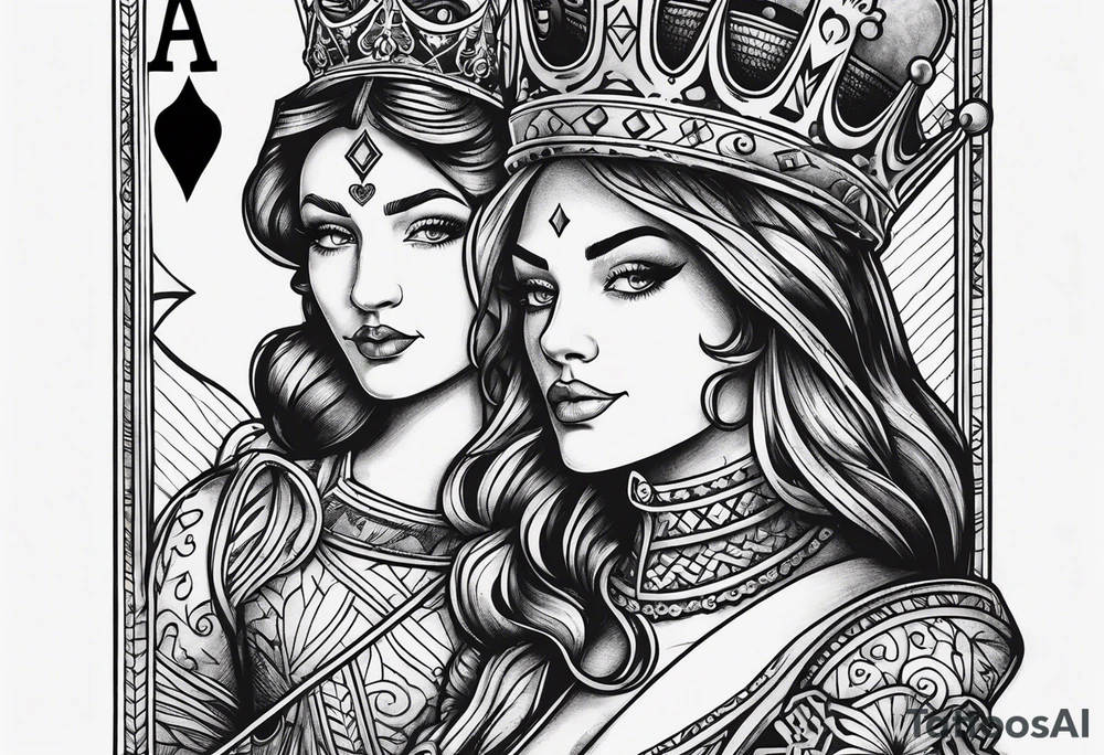 one playing card with both queen of hearts and king of spades incorporated in extreme minimalistic style tattoo idea