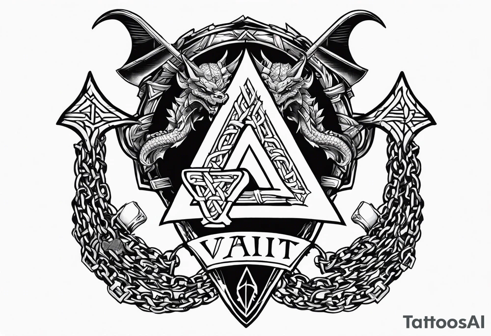 Valhalla sword shield dragon axe Valknut barbed wire chains tattoo idea Valhalla sword shield dragon axe Valknut barbed wire chains tattoo idea