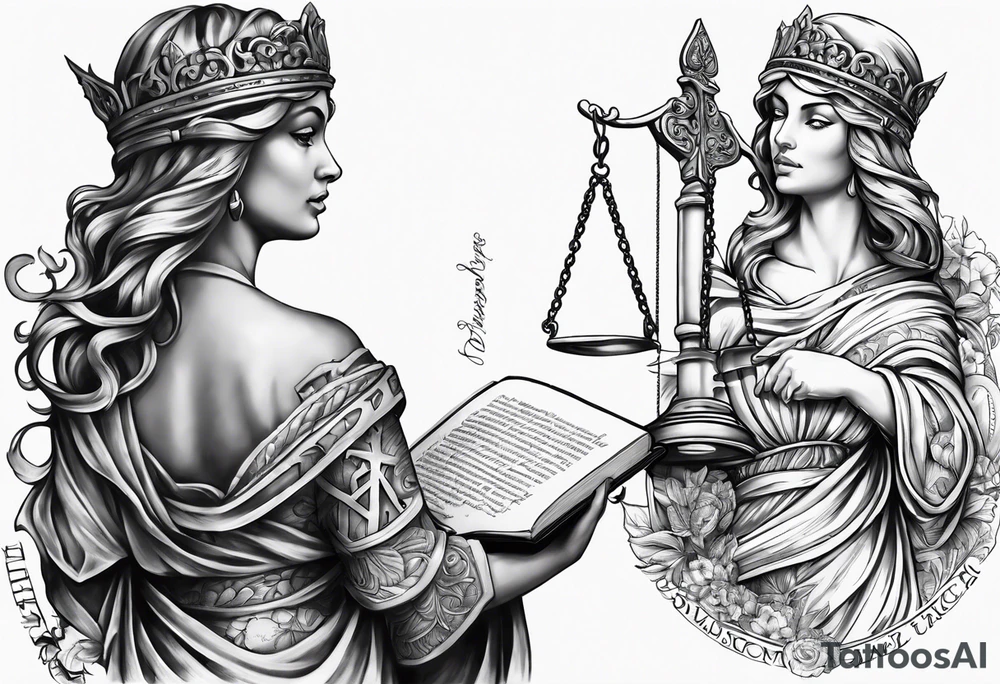 Lady Justice with bible scripture wrapping around her tattoo idea Lady Justice with bible scripture wrapping around her tattoo idea