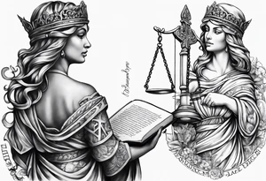 Lady Justice with bible scripture wrapping around her tattoo idea