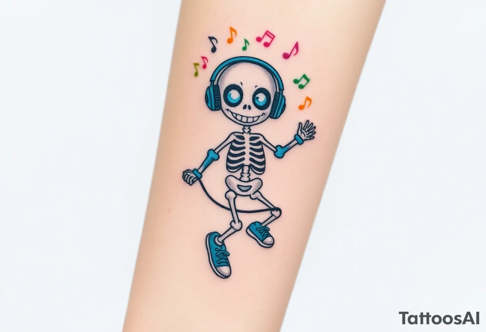 Cute smiley skeleton with dreamy eyes in his eyes jumping on a jump rope with blue headphones blue armbands blue sneakers and colorful  music notes around his head tattoo idea