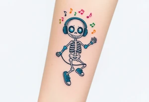 Cute smiley skeleton with dreamy eyes in his eyes jumping on a jump rope with blue headphones blue armbands blue sneakers and colorful  music notes around his head tattoo idea