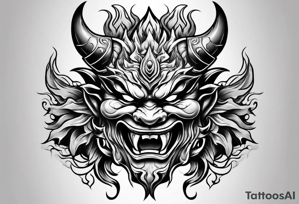 Oni mask with mouthful of flames tattoo idea