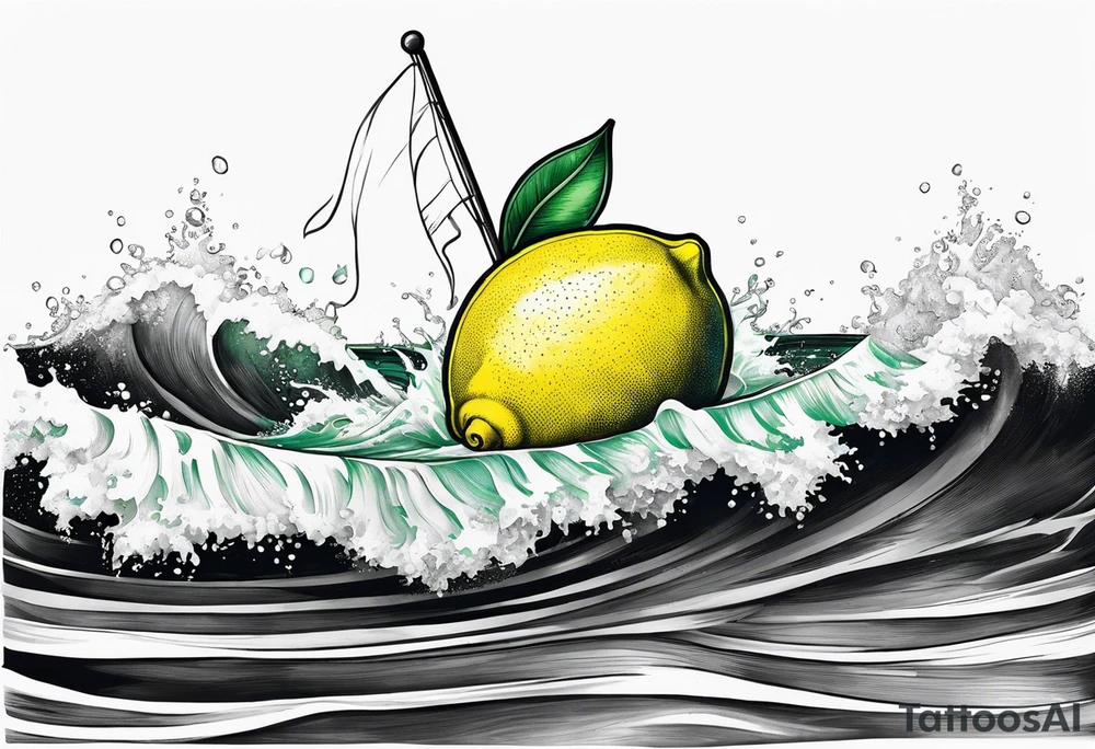 A lemon-Buoy with a green leaf-flag on waves tattoo idea
