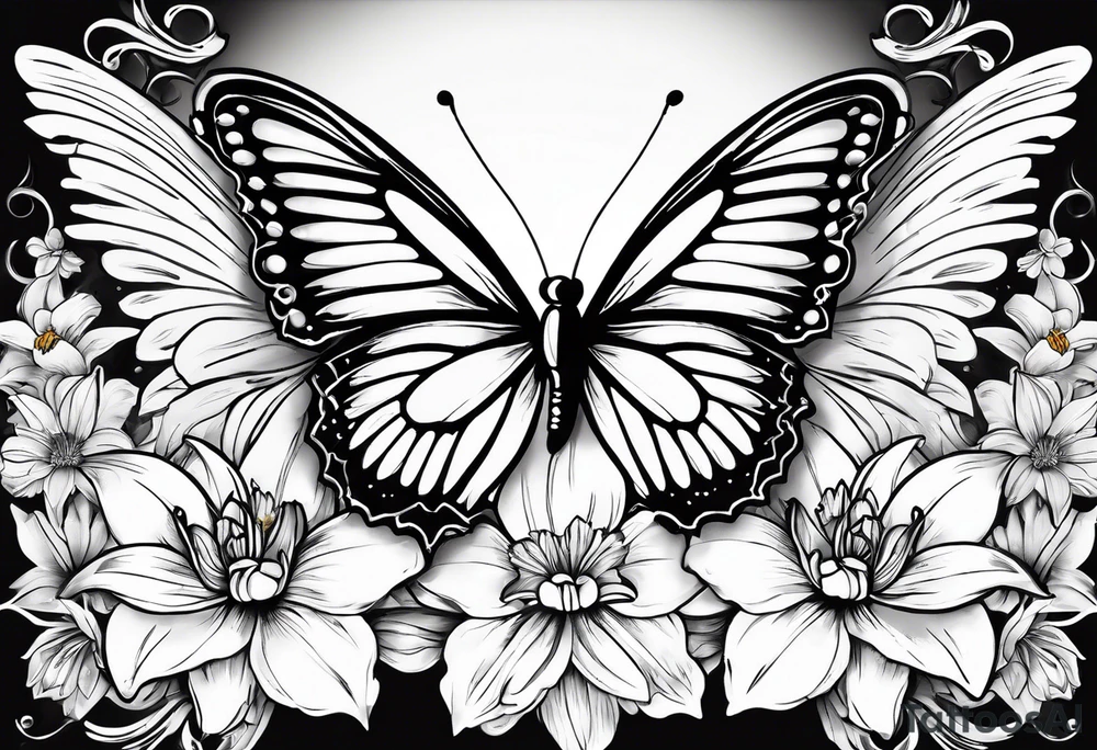 Butterfly with one side of the wings as angel wings, the other  wing shaped out of lily flowers. Add daffodil and daisy’s around the top and bottom tattoo idea