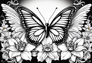 Butterfly with one side of the wings as angel wings, the other  wing shaped out of lily flowers. Add daffodil and daisy’s around the top and bottom tattoo idea