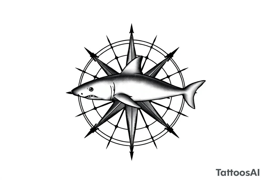 "A top-down view of a shark seamlessly integrated with a compass rose. The shark is seen clearly from above, swimming across or around the compass, with its fins and tail visible in perfect symmetry. The compass features detailed directional lines and ornate engravings, blending naturally with the shark's form. Done in black and grey ink, the style is realistic with subtle dotwork and shading for depth. The design is minimal yet powerful, symbolizing direction, strength, and instinct. Perfect for a shoulder, chest, or forearm tattoo." tattoo idea