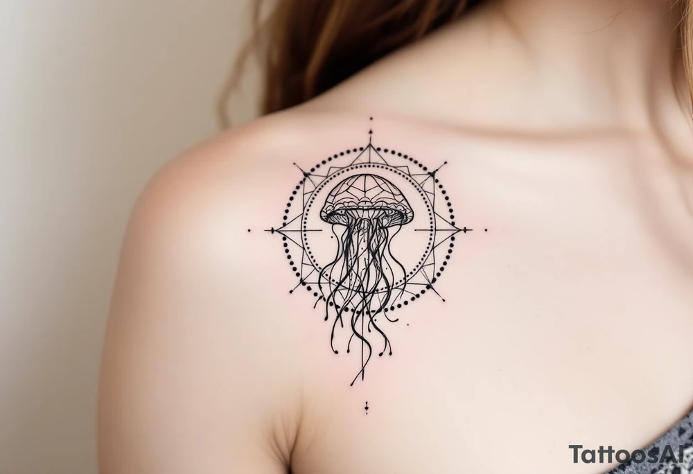 minimal fine-line tattoo, single jellyfish, sacred geometry surround, dotwork patterns, jellyfish bell dome, flowing tentacles, trailing streamers, geometric mandala, radiating dotwork, minimalist design, black grey lines, soft shading, no outlines, geometric frame, organic jellyfish form, upper arm shoulder placement, light airy feel, delicate linework, geometric backdrop, clean lines, radiating patterns, simple jellyfish centerpiece, minimalist, psychedelic, not symmetrical tattoo idea