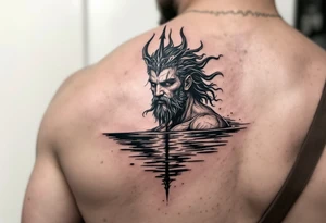 fit poseidon with trident half way in calm water tattoo idea