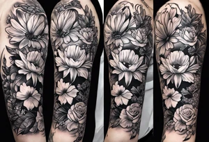 womens christian tattoo sleeve with flowers and a plane cross tattoo idea