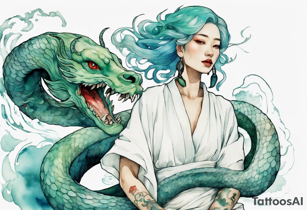 a sea serpent next to a woman with blue-green hair wearing a white tunic tattoo idea