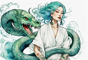 a sea serpent next to a woman with blue-green hair wearing a white tunic tattoo idea
