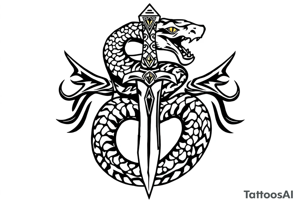 mystical snake coiled around an ancient dagger with jeweled hilt tattoo idea