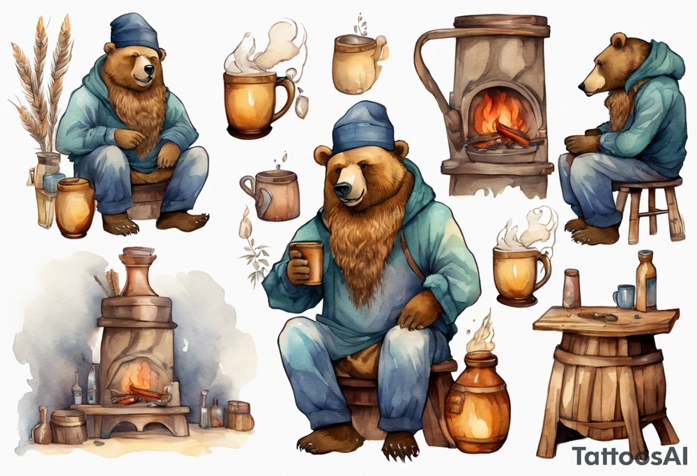 a solitary bear-human hybrid with a long beard wearing a tunic and Phrygian cap, sitting on a stool by the hearth, drinking from a wooden mug, smiling, drunk, reed cheeks tattoo idea