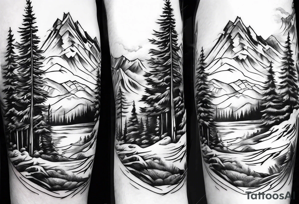 sleeve with trees, mountains and snow skier tattoo idea