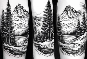 sleeve with trees, mountains and snow skier tattoo idea