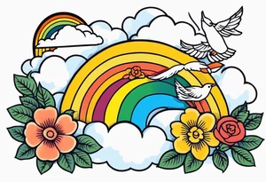 rainbow in clouds
with birds and vintage flowers
old school vintage simple traditional design 



bold color simple tattoo idea