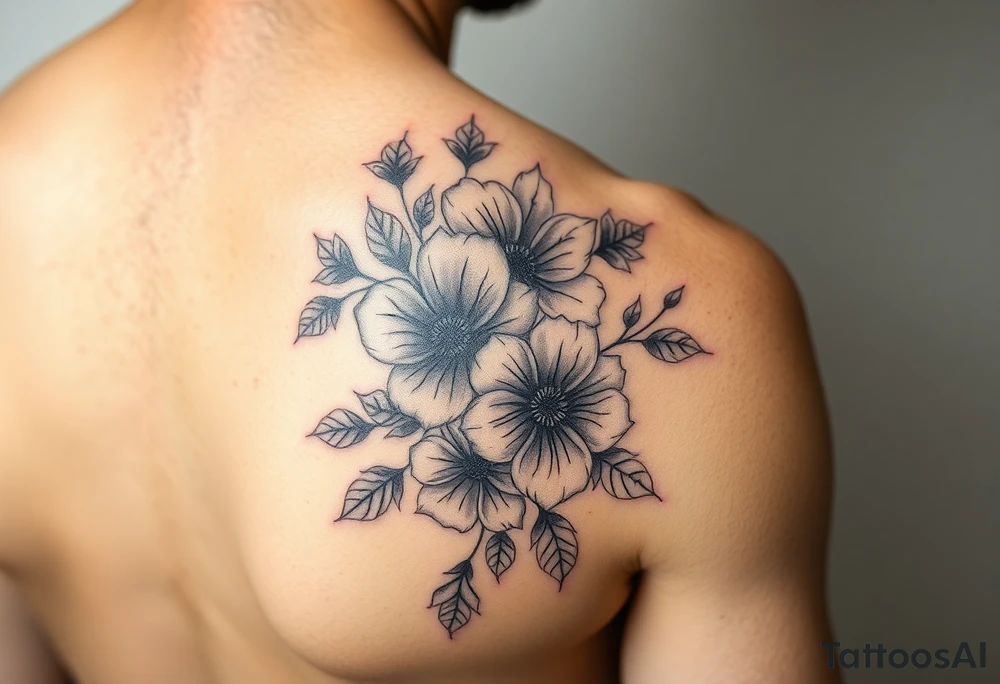 Realistic flowers and leaves with embellishments tattoo idea