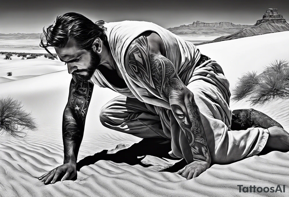 man crawling in a desert reaching to the cross of Christ tattoo idea