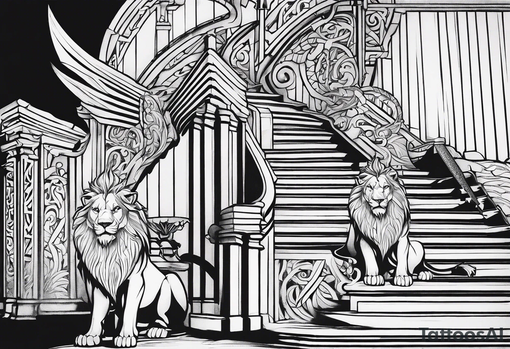 Valhalla lion sword stairs dragon tattoo idea