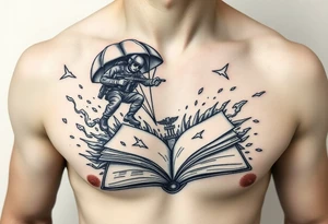 A parachuting soldier landing into an open book. Chaos surrounding, but the book is protecting the soldier from it. On the chest. Make it smaller. Thought provoking tattoo idea