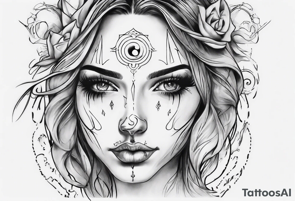 Woman's face with three eyes and a nose piercing tattoo idea