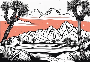 A dessert with joshua trees transitioning to pine trees and mountains tattoo idea