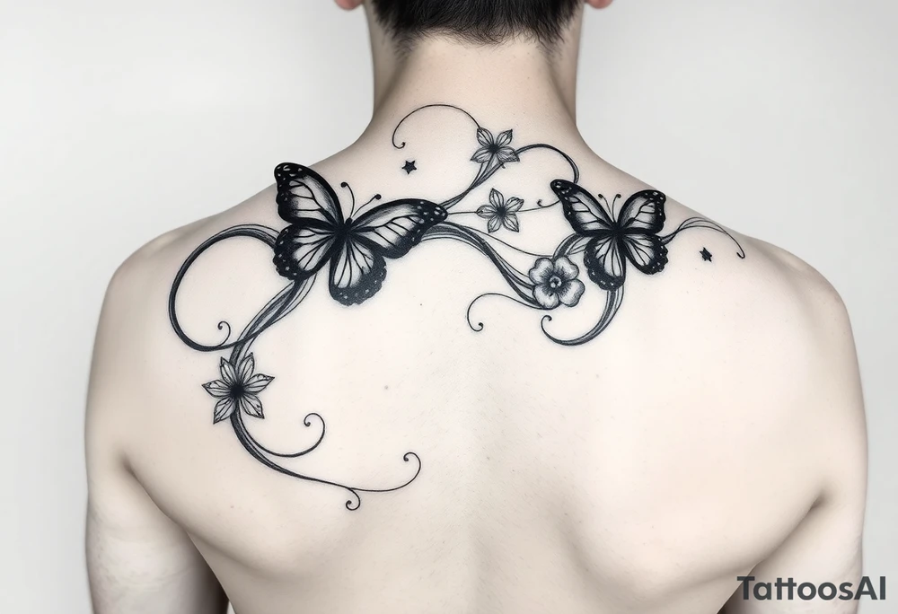 abstract tattoo design, flowing black fine lines, elegant minimalistic linework, psychedelic swirls like gasoline or oil floating on water, iridescent texture implied but in pure black ink, delicate organic curves, vapor-like trails, non-literal and surreal, suggestion of an octopus hidden in fluid tentacle-like lines, not a real octopus, just subtle illusion, abstract marine motion, with minimalist butterflies and flowers seamlessly integrated into the flowing pattern, modern feminine tattoo style, graceful and airy, inspired by Pis Saro and Balazs Bercsenyi, hint of nature and ocean depth, hypnotic and dreamlike, ink diffusion aesthetics, no solid fills, ethereal line-only design tattoo idea
