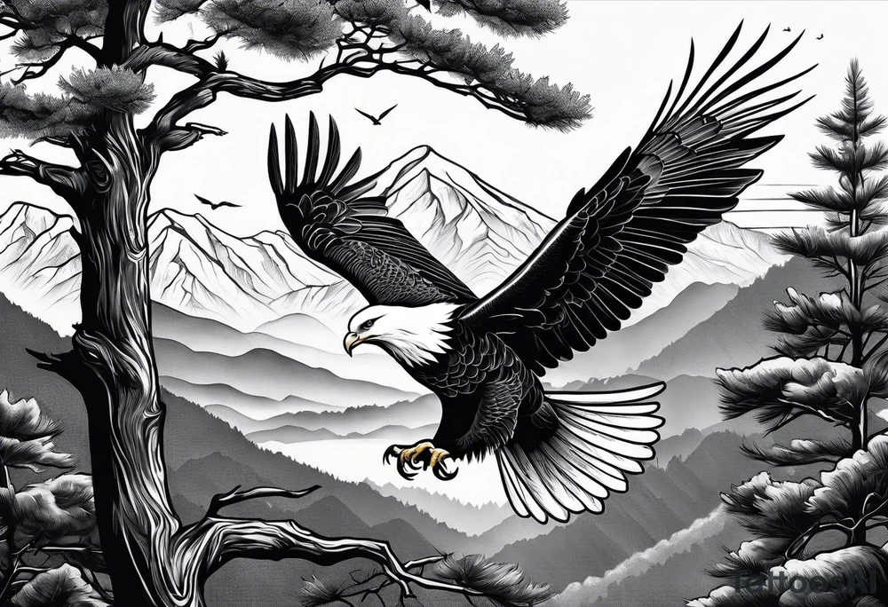 Eagle hunting a White Dove on a tree limb in the mountains tattoo idea