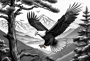 Eagle hunting a White Dove on a tree limb in the mountains tattoo idea