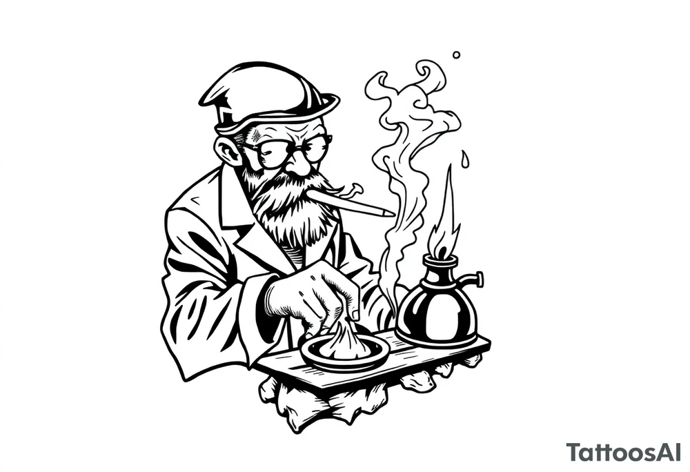 crazy mad scientist cooking up meth while smoking out of an oil burner tattoo idea
