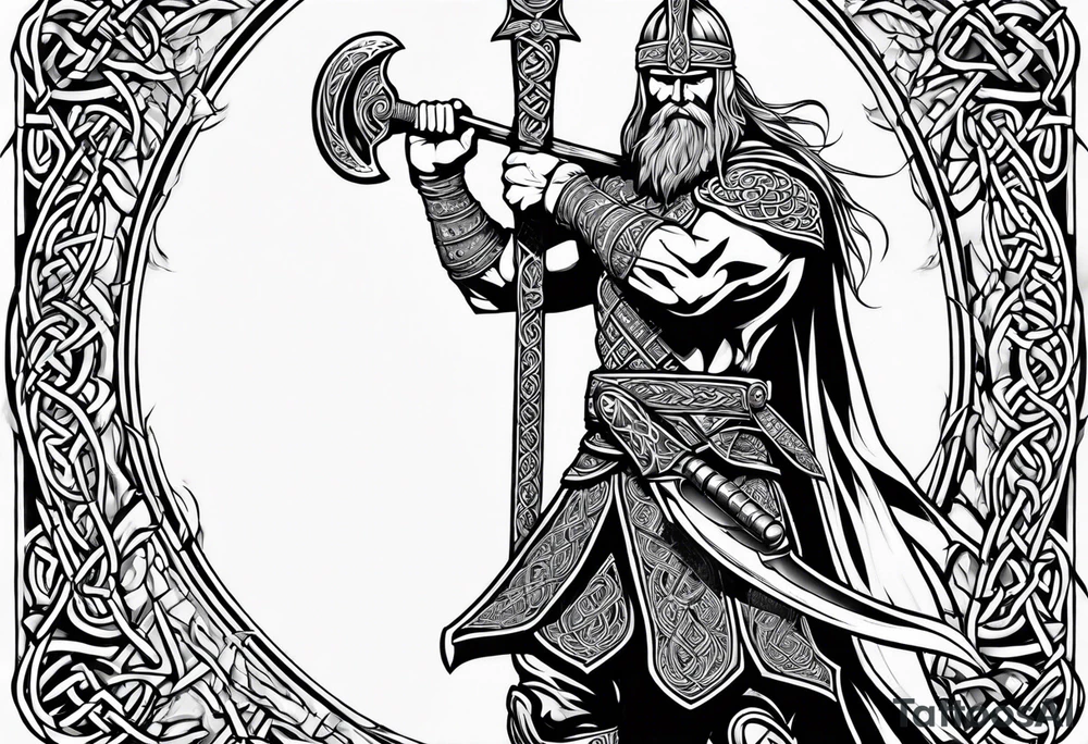 Side full body shot of Celtic warrior with sword and axe. tattoo idea