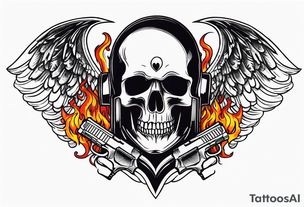 skull with a gun dominated by a  heart with wings and  flames coming out of the top of it tattoo idea