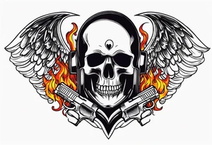 skull with a gun dominated by a  heart with wings and  flames coming out of the top of it tattoo idea