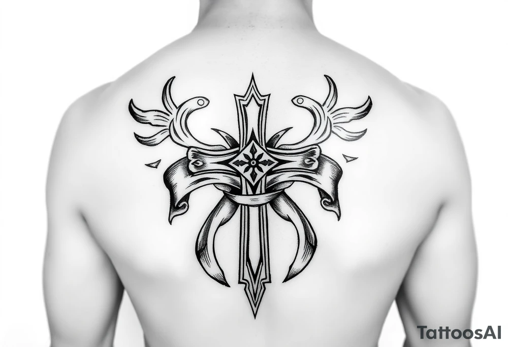 A cross  surrounded with ribbon by Micronesian tribal for forearm tattoo idea