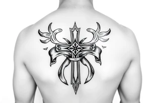 A cross  surrounded with ribbon by Micronesian tribal for forearm tattoo idea
