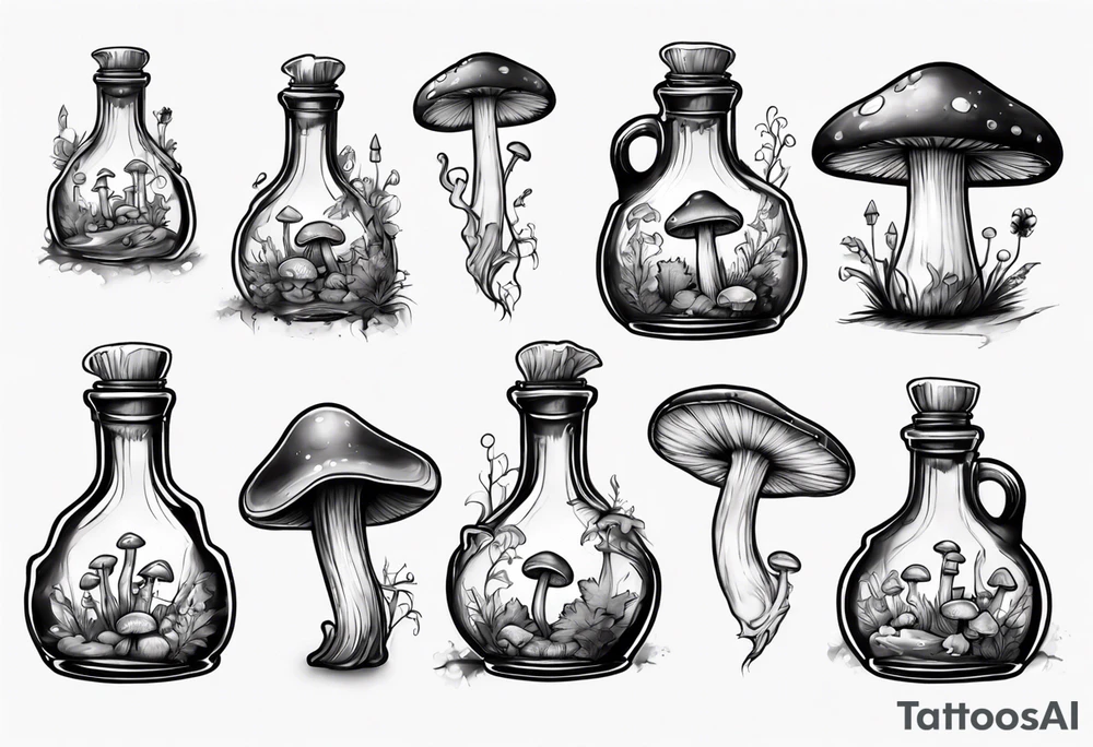 potion bottle with. mushrooms inside tattoo idea