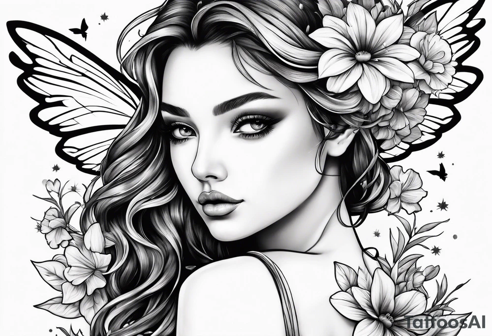 Flying Fairy with flowers tattoo idea