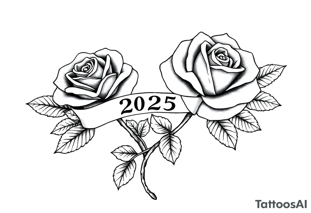 two beautiful large rose buds, one larger than the other, with many leaves and their stems intertwined, with one sitting higher than the other. Include a banner connecting the two roses with "2025" on it.  The word "Rose" written in Kanji above the drawing.  Use dark outlines with little shading. The two stems should be short, not long, and connect and join into one stem, whimsically curved or twisted - not straight down. tattoo idea