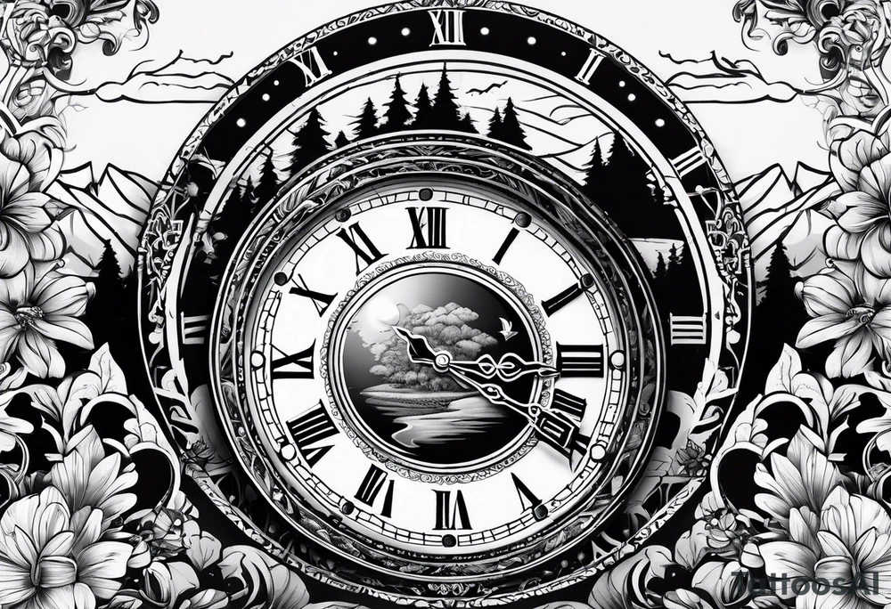 clock with landscape tattoo idea