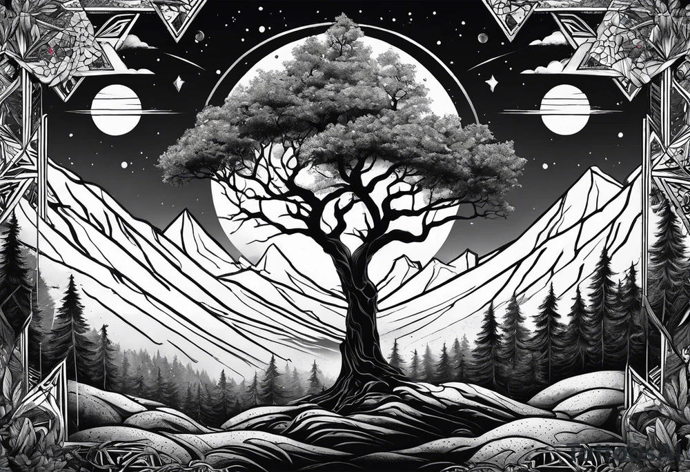 nature vs space with yggdrassil in triangle tattoo idea