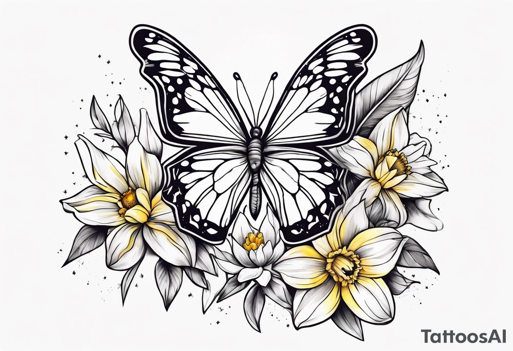 Butterfly, star and daffodils, aster tattoo idea