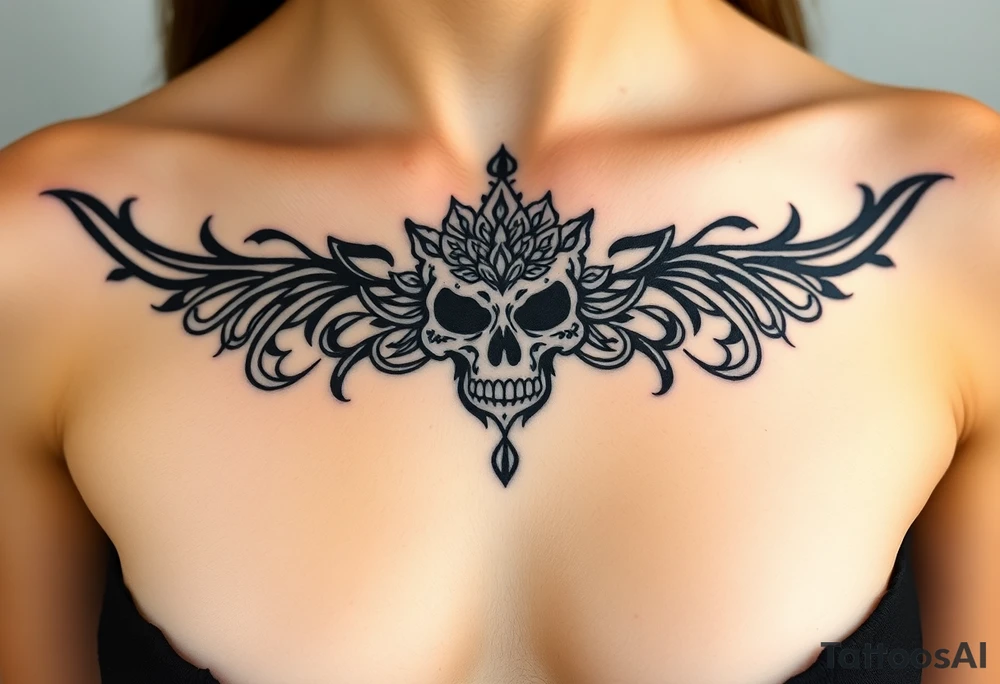 Stunning underboob tattoo with lace and elegant mandala skull tattoo idea