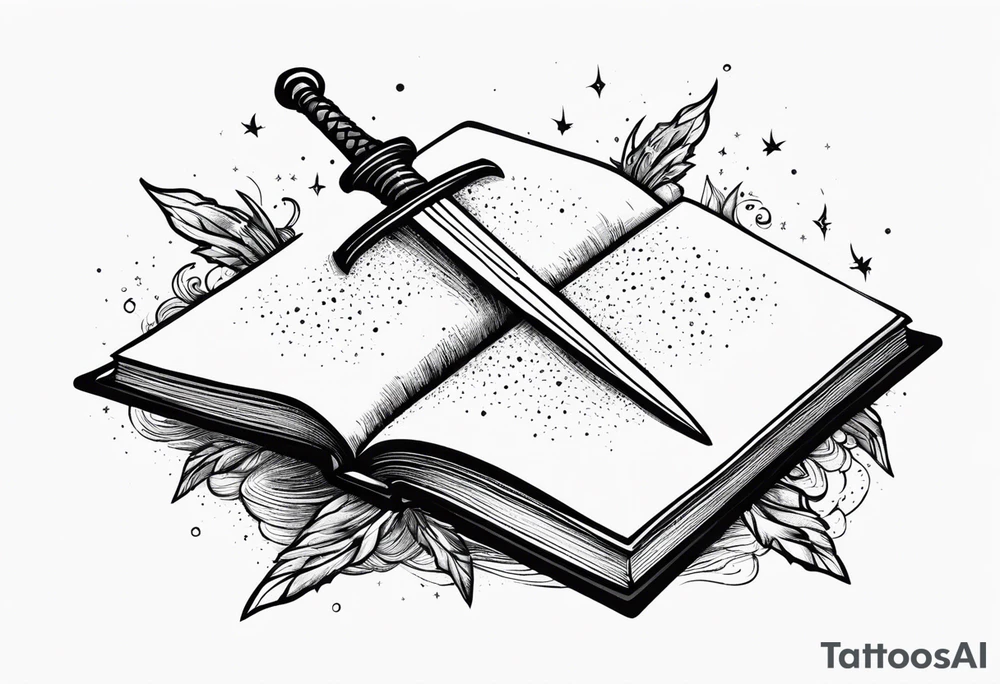 an empty open book with a sword through it, dragonwings and sparks surrounding the book. small design tattoo idea