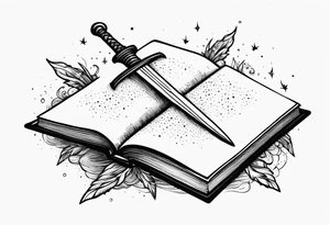 an empty open book with a sword through it, dragonwings and sparks surrounding the book. small design tattoo idea