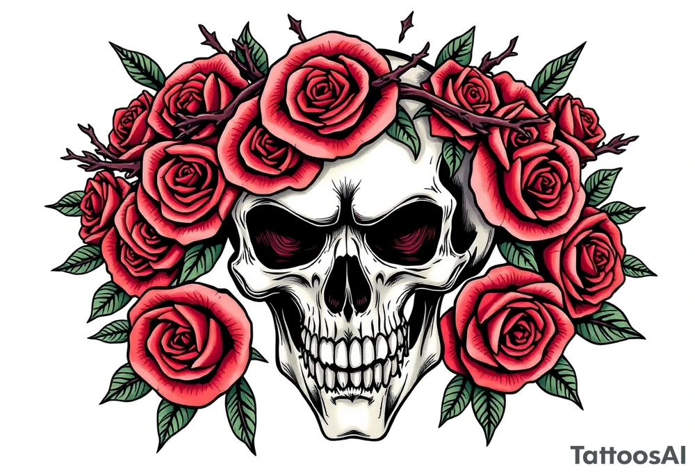 ornate skull adorned with crown of wild roses and thorns tattoo idea