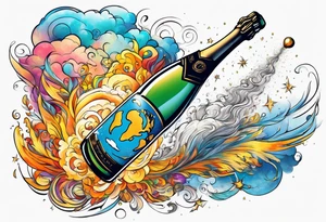 A champagne bottle exploding in the sky, above the earth which is spinning tattoo idea