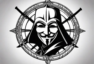 Centered v for vendetta, mask only. No hat.   Vintage compass surround. Crossed fencing swords tattoo idea